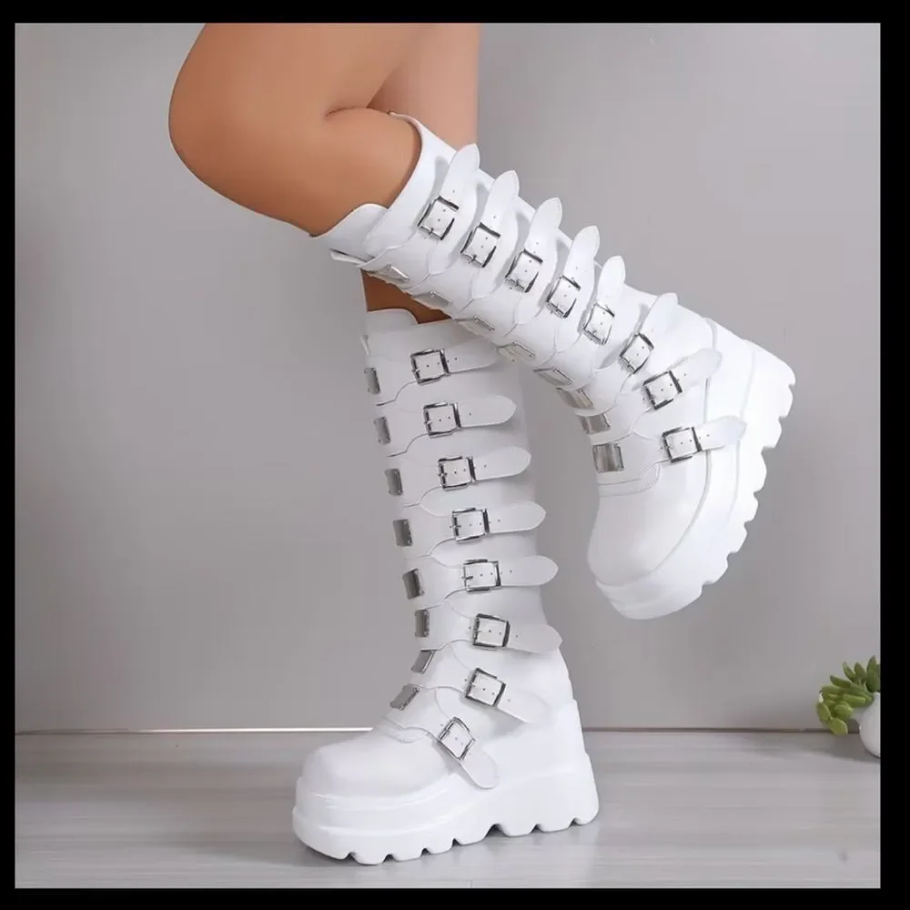 MISSLOOK White Over the Knee Buckle Boots